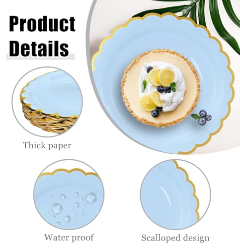 Image of HEIPINIUYE 50 Pieces Light Blue Paper Plates with Gold Foil 7 Inch Disposable Baby Blue Scalloped Dinner Plates for Wedding Baby Shower Birthday Party Dessert Plate