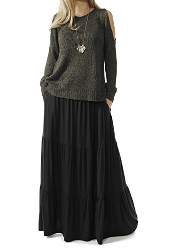 TRENDY UNITED Women's Bohemian Style High Waist Shirring Ruffle Pocket Skirt (S0059-BLK, M)