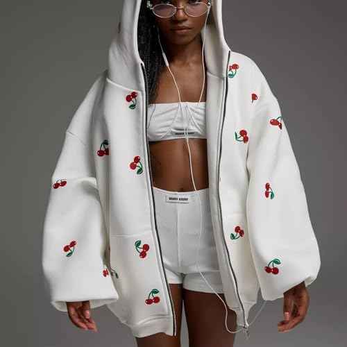 Xunger Women's Cute Cherry Hoodie Long Sleeve Zip Up Printed Jacket Oversized Warm Sweatshirt with Pocket2