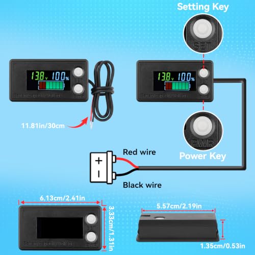 Image of DROK Waterproof Battery Monitor 12V 24V 36V 48V 72V Battery Meter 8-100V, Capacity Tester LCD Display Color Screen Backlight, Fit for Car Golf Cart RV Marine