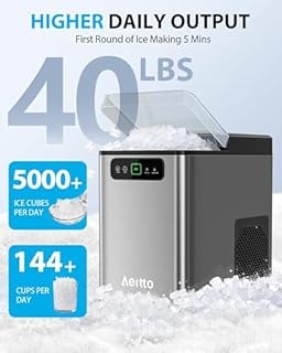 Aeitto Nugget Ice Maker Countertop, Pellet Ice Machine Soft Chewable Ice 40lbs/Day, One-Click Operation, Auto Self-Cleaning Crushed Ice Makers Stainless with Scoop for Home/Kitchen/Office (Grey)