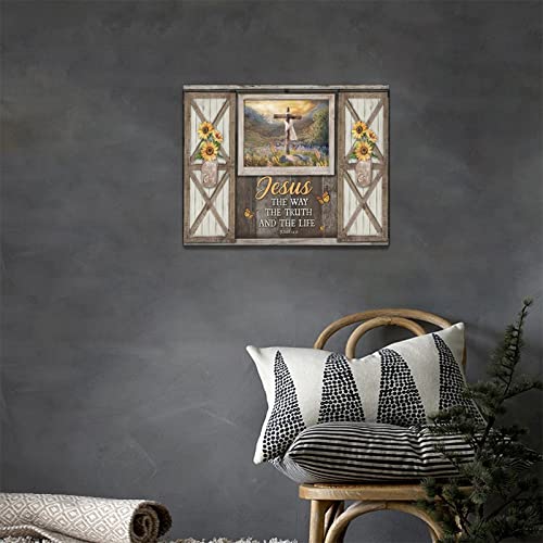 Christian Cross Wall Art Rustic Window Sunflower Religious Canvas Wall Decor Scripture Bible Verse Pictures Print Paintings Framed Artwork Home Decor For Bedroom Living Room 12"X16" #TOP1