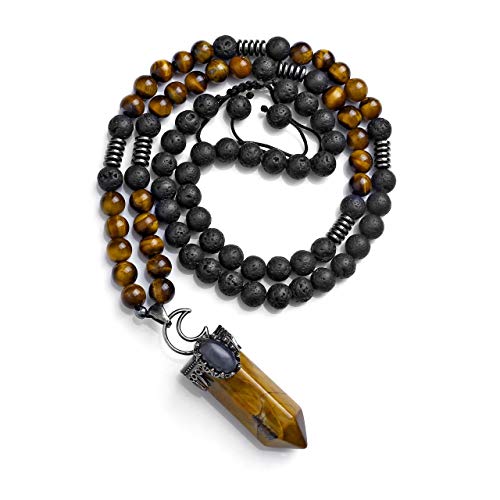 Jovivi Lava Rock Stones Essential Oils Diffuser Healing Crystal Necklace Natural Tiger Eye Gemstone Hexagonal Prism Pendant Healing Pointed Reiki Energy Balancing