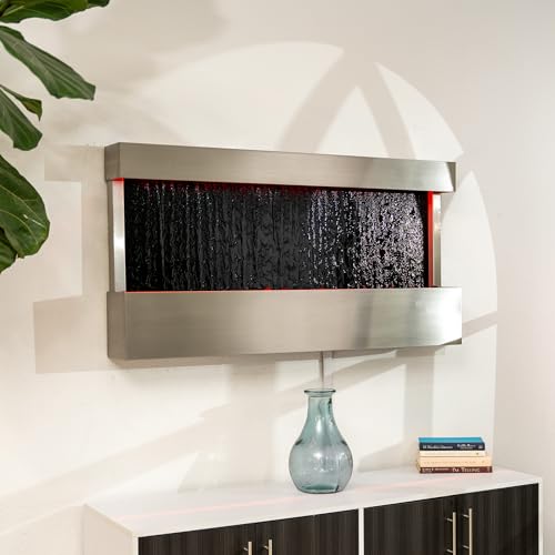 47 inches Indoor Wall-Mounted Waterfall Mirror Fountain – LED Lighted Silver Metal Décor with Rock Base by XBrand