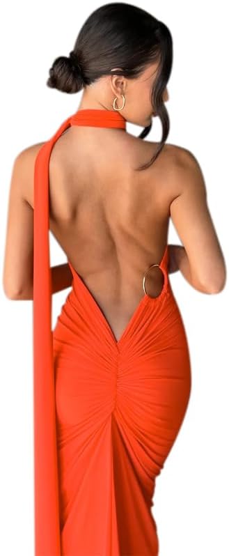 Suillty Women's Sexy Oblique Shoulder Backless Maxi Dress Ruched Back Strap Sleeveless Party Cocktail Long Dresses Bodycon - Image 4