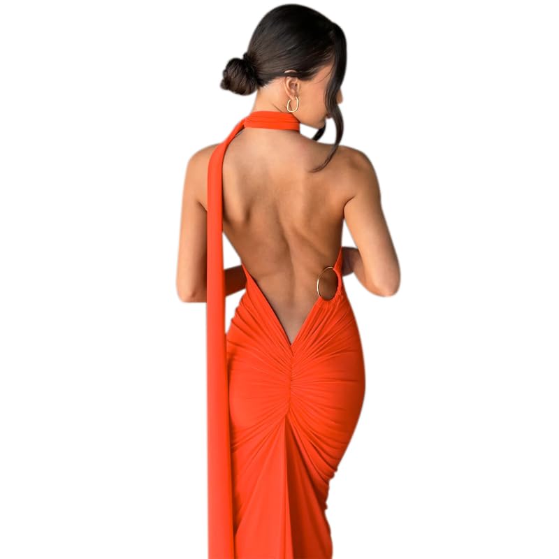 Image of Suillty Women's Sexy Oblique Shoulder Backless Maxi Dress Ruched Back Strap Sleeveless Party Club Long Dresses Bodycon