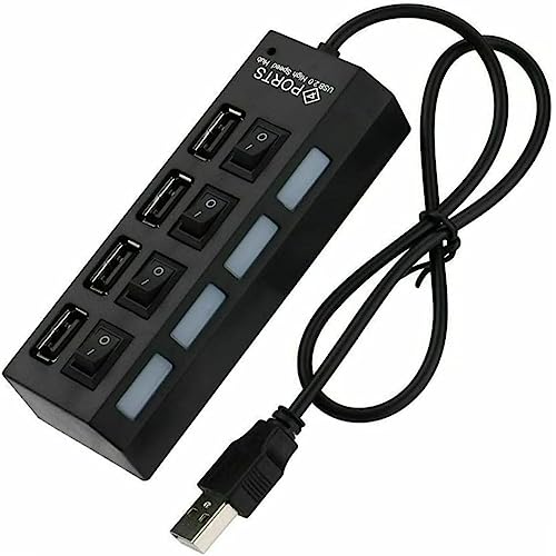 Portable USB Extension Hub, Multiport USB Splitter Adapter, 4 Port USB Hub 2.0, USB Powered Plug Hub, USB Dock, USB Extender With Lights And On/Off Power Switches For Laptop Pc & More (Black)