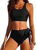 Ekouaer Bikini Damen Set Push Up Badeanzug Zweiteiliger Sexy Bauchweg High Waist Sommer Bademode Strand Bikinis Swimsuit Schwarz XL