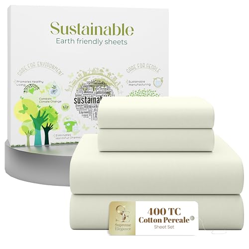 Queen Sheet Set  Natural 100% Long Staple Cotton Percale Sheets Queen Size Bed Set, Deep Pocket Snug Fit, Oeko-tex Made in Green Sustainable Hotel Quality Bedding, Light Ivory
