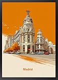 Fine Artic Poster de Madrid Gran Vía con Marco de madera Negro - Cuadro del Edificio Metrópolis - Arte mural Neo-Vintage decoración Moderna Naranja - Lámina enmarcada de Ciudad