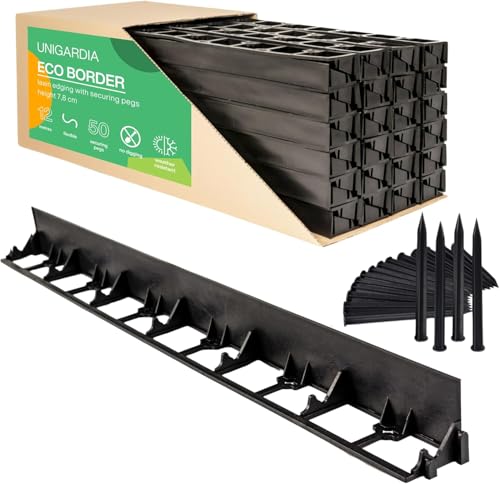 Bordura Flexible de Jardín 12 m, Altura 78 mm - Borde para Jardín con 50 Estacas de Anclaje - Borde para Césped de Plástico Reciclado - Fácil Instalación, Duración mínima de 25 años