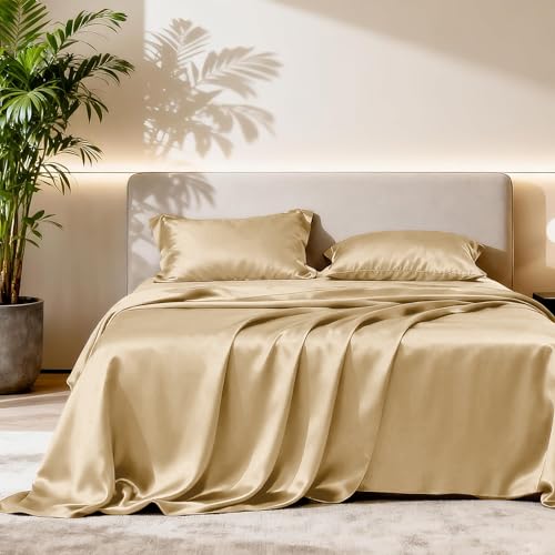 Image of Soft and Silk Satin Bedsheet for Single Bed - 400 TC Romantic Bedsheet Set for Bedroom | Bridal Wedding Bedsheet with Pillow Cover | Ideal for Gifting Beige, Single Bed