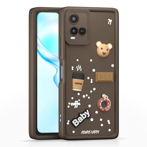 Image of Bintage Cute Fun Taddy Cartoon 3D Ball Bear Milk Donut Coffee Cup Silicon Case Full Body & Camera Protection Back Cover Compatible for Vivo Y21A (2021) - Brown