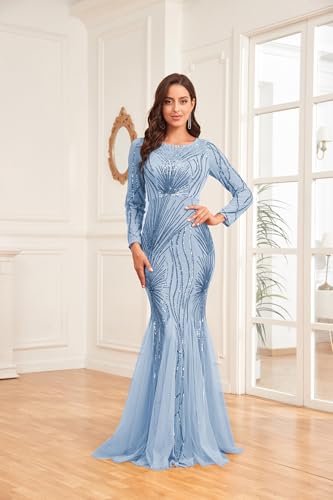 Image of Long Sleeve Sequin Evening Dress Glitter Mermaid Long Gown for Mother of The Bride Or Wedding Guest
