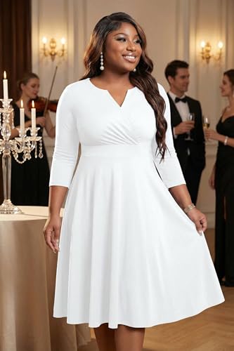 Image of Runwind Women's Plus Size Midi Dress 3 /4 Sleeve Fit and Flare Cocktail Dresses Casual V-Neck Dress with Pockets