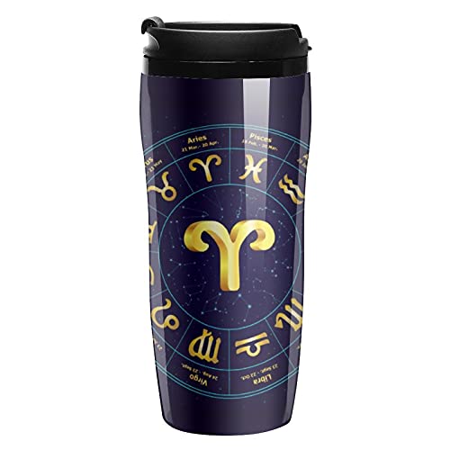 Aries in Circle - Taza de café de plástico con tapa, doble pared aislada con diseño de patrón de impresión