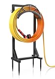 Garden Hose Holder and Hanger, Metal Water Hose Storage Stand, Upgraded Freestanding Water Hose Organizer Rack with 2 Tool Hooks for Outdoor Yards, Farms and Lawns, Black