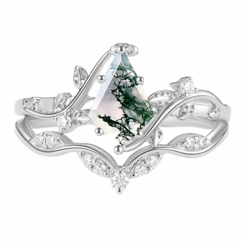 Natural Moss Agate Ring Set for Women with Moissanite 1CT Center Kite Cut Natural Moss Agate Wedding Ring Set Leaf Engagement Ring Set 925 Sterling Silver 10K 14K 18K Gold