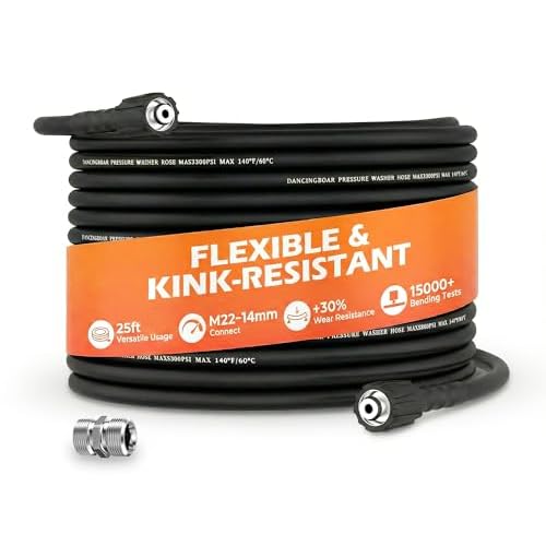 Pressure Washer Hose 25FT 1/4", 3300 PSI Wear & Kink Resistant Power Washer Hose with Extension Connector for Gas and Electric Pressure Washers, Compatible with M22-14mm Black 25FT