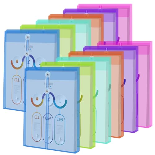 FYY Buste in plastica formato A4, con bottone e cordino, chiusura cravatta, buste trasparenti espandibili, documenti, cartelle, organizzatore per ufficio, scuola, casa, diversi colori, confezione da