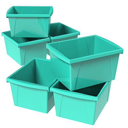 Image of Storex 4 Gallon Storage Bin - Plastic Classroom Organizer for Books and Supplies, Teal, 6-Pack (61477C06C)