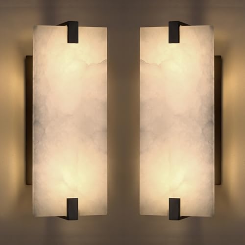 Image of 2 Pack 2 Light 12.7 inch Oval Natural Oval Alabaster Bathroom Wall Sconce Modern Concise Style Wall Light Fixture,Black Finish for Bedroom Hallway Bedside Living Room