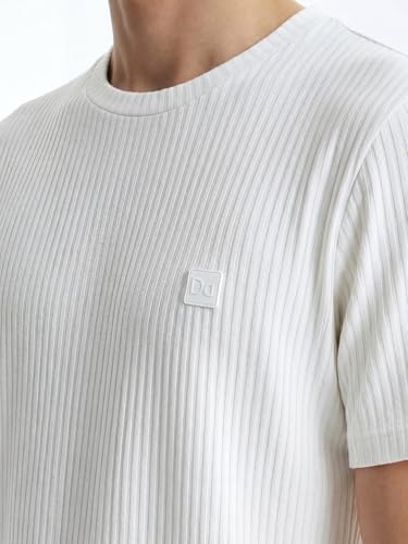 Image of DAMENSCH Men's Striped Texture, Cotton-Rich Comfort, Regular Fit, Solid Colours Striped T-Shirts