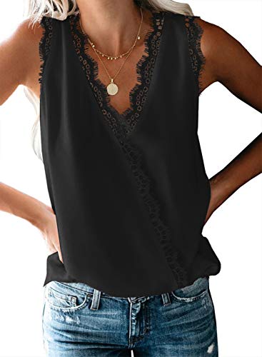 Dokotoo Damen Tief V Ausschnitt Blusen Hemdblusen Ärmellos Oberteil Tunika mit Spitze Shirt Sommer Tank Tops Schwarz XL Cover