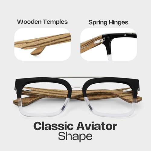 Image of Zeelool Aviator Glasses Frame for Men, Retro Eyeglasses Eyewear Frame with Clear Lens, Wooden Temples and Spring Hinges ZJGX642196-02