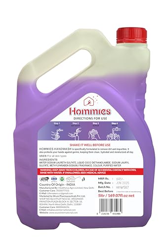 Image of Hommies Liquid Handwash, Refill Can | Fights Germs | Ph-Balanced Formula | No Added Triclosan & Parabens | Rich Lathering Formula With Anti-Bacterial Properties| Soft on Hands - 5 Litre (Lavender)