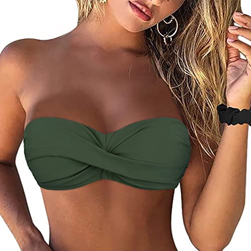 Hilor Traje de ba o tipo bandeau sin tirantes para mujer, parte superior de bikini con cuello halter, parte superior de traje de ba o, Verde Ej rcito Oscuro, 48 Cover