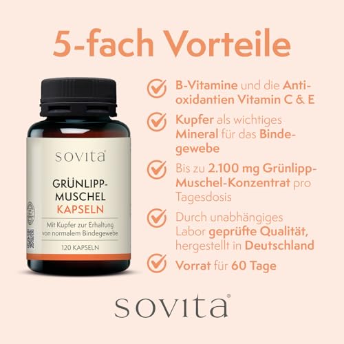 sovita Grünlippmuschel Kapseln | Mit Kupfer, Vitamin C, E & B-Vitaminen | Hochwertiges Grünlippmuschelpulver aus Neuseeland | Unterstützung für Bindegewebe & Immunsystem | 120 Kapseln