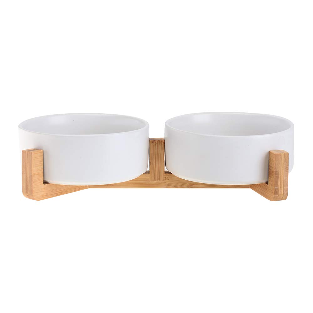 Blanc Pet Bowls for Dogs and Cats, Ceramic, Bamboo Stand, Dishwasher Safe and Easy to Clean (2 Bowls)
