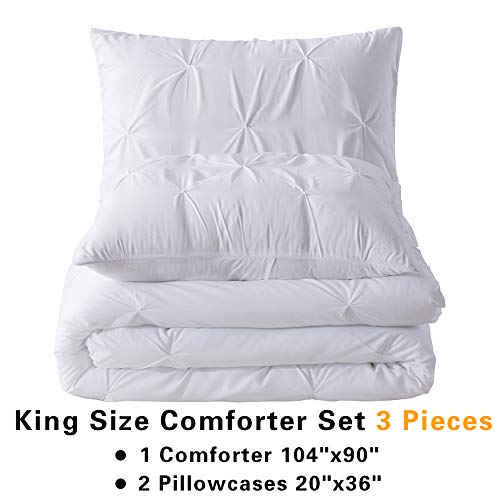 Andency White Pinch Pleat Comforter King(104X90Inch), 3 Pieces (1 Pintuck Comforter, 2 Pillowcases) Microfiber Down Alternative Comforter Bedding Set #TOP1
