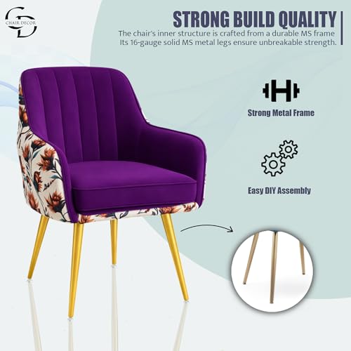 Image of Velvet Accent Chair | Luxury Upholstered Armchair with Sturdy Metal Legs | Modern Comfortable Chair for Living Room, Bedroom, Office, or Cafe (Golden Legs, Purple Floral)