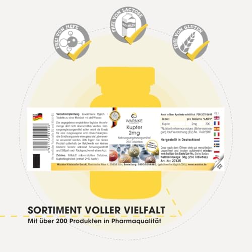 Kupfer 2mg - 250 Tabletten mit je 2mg - Kupferbisglycinat - HOCHDOSIERT - Deutsche Apothekenqualität - vegan | Warnke Vitalstoffe