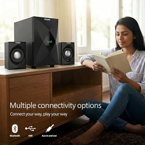 Image of Philips Audio 2.1 CH 60W Multimedia Speaker System with Bluetooth 5.3, USB,AUX,FM Radio,LED Display, Remote Controlled, 10.16cm Subwoofer, Wide Compatibility-MP3 Player,TV, PC (MMS2634 /94-Deep Black)