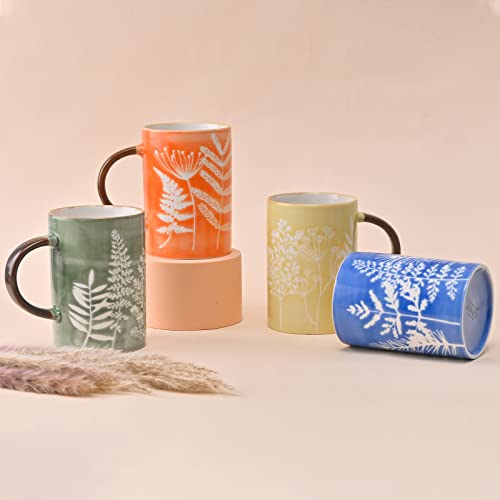 Taimei Teatime Coffee Mugs Set Of 4, 14.5Oz Ceramic Coffee Cups With Handle, Imprint Botanical Pattern Tea Mugs, Mug Gift Set For Women, Microwave And Dishwasher Safe, Assorted Colors #TOP5
