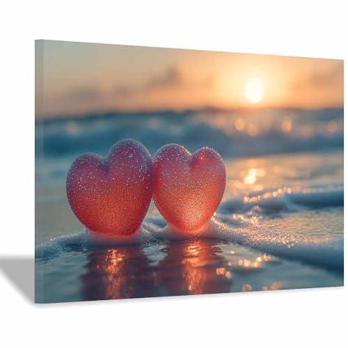 Toile Murale Océan Coucher de Soleil Coeur Pailleté - Tableau Encadré 40x60cm pour Salon