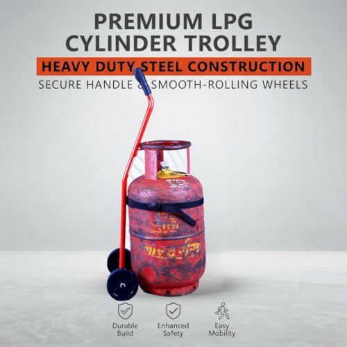Image of Heavy-Duty Gas Cylinder Trolley with 90cm Long Handle | Step-Climbing Design & 13cm Large Wheels | Metal Bracket with Safety Belt Lock | Trolley Suitable for Home cylinders only.