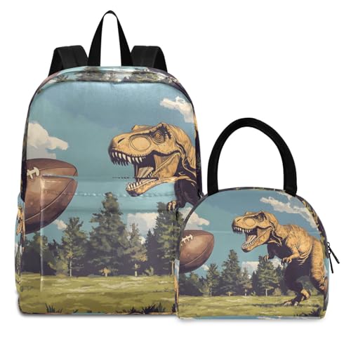 Backpack Lunch Bag Set Dinosaur and Football Print, Big Storage Travel Backpacks with Insulated Lunch Box for Office Hiking Picnic