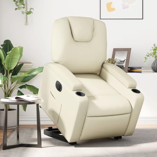 Qnhdfrt Silla de relax con ayuda auxiliar eléctrica, crema, piel sintética, 74 x 88 x 97 cm, función reclinada eléctrica, 135°, cómoda y duradera, para salón, dormitorio