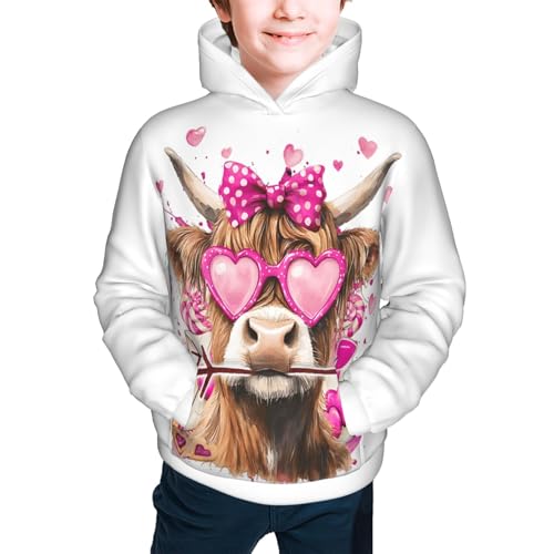 Highland Cow with Heart Sunglasses Hoodie Youth Hooded Sweatshirt 3D Digital Printed With Pockets Tops4