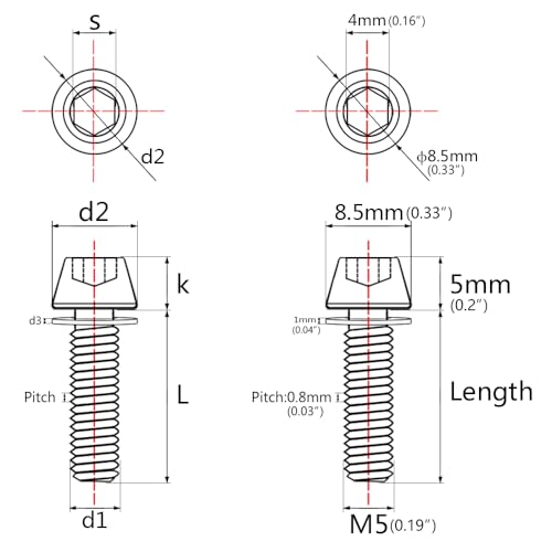 Image of Titanium Ti Allen Hex M5x16 18mm Tapered Head Bolt with Washer Screw for Bicycle Stem Parts Pack of 6 (Normal Titanium, M5x16mm)