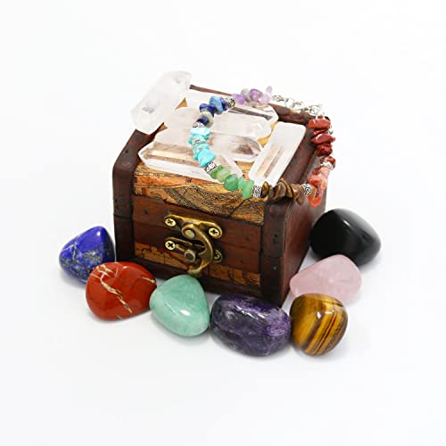 Kit de pierres précieuses et de cristaux avec bracelet chakra et boîte en bois