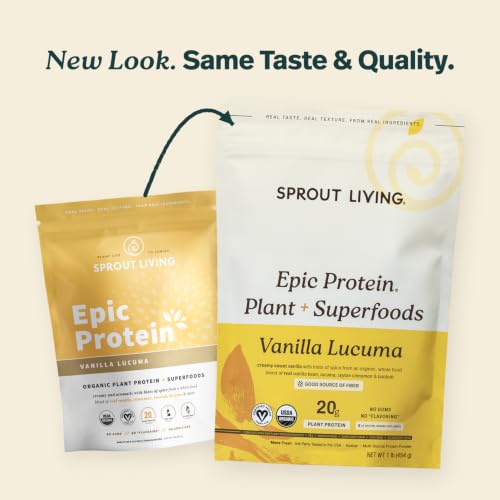 Image of Sprout Living Epic Protein, Plant Based Protein & Superfoods Powder, Vanilla Lucuma Powder | 20 Grams Organic Protein Powder, Vegan, Non Dairy, Non-GMO, Gluten Free, Low Sugar (1 Pound, 12 Servings)
