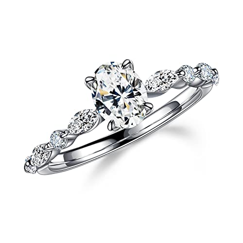 MOOSEA 1.5ct Oval Moissanite Rings for Women, D Color VVS1 Clarity Lab Created Moissanite Rings 14K White Gold Vermeil Solid Marquise and Round Side Stone Moissanite Engagement Rings for Women Gifts