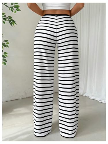 Floerns Women's Summer Striped Print Elastic Waist Loose Fit Straight Leg Pants2