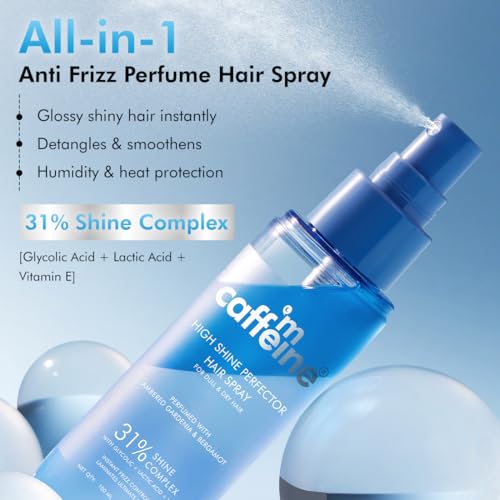 Image of mCaffeine Anti-Frizz Perfume Hair Spray For Instant Gloss| 31% Shine Complex with Glycolic Acid | Adds Shine, Heat & Humidity Protection, Lightweight Formula| Long Lasting Floral Perfume- 100ml