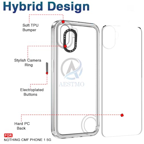 Image of AESTMO Back Cover Case for Nothing CMF Phone 1 | Electroplated Buttons | Stylish Camera Border | Crystal Clear Hard Back Cover Case (TPU & PC, Transparent Bumper)